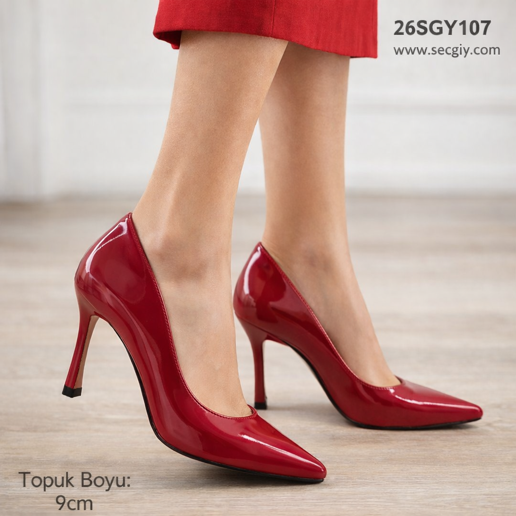 Kırmızı Rugan Sivri Burun Bayan Topuklu Ayakkabı – 9 cm İnce Topuk