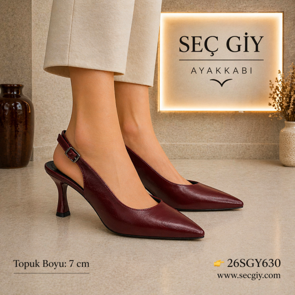 Bordo Slingback Topuklu Ayakkabı Kadın 7 cm Sivri Burun Şık Klasik Model