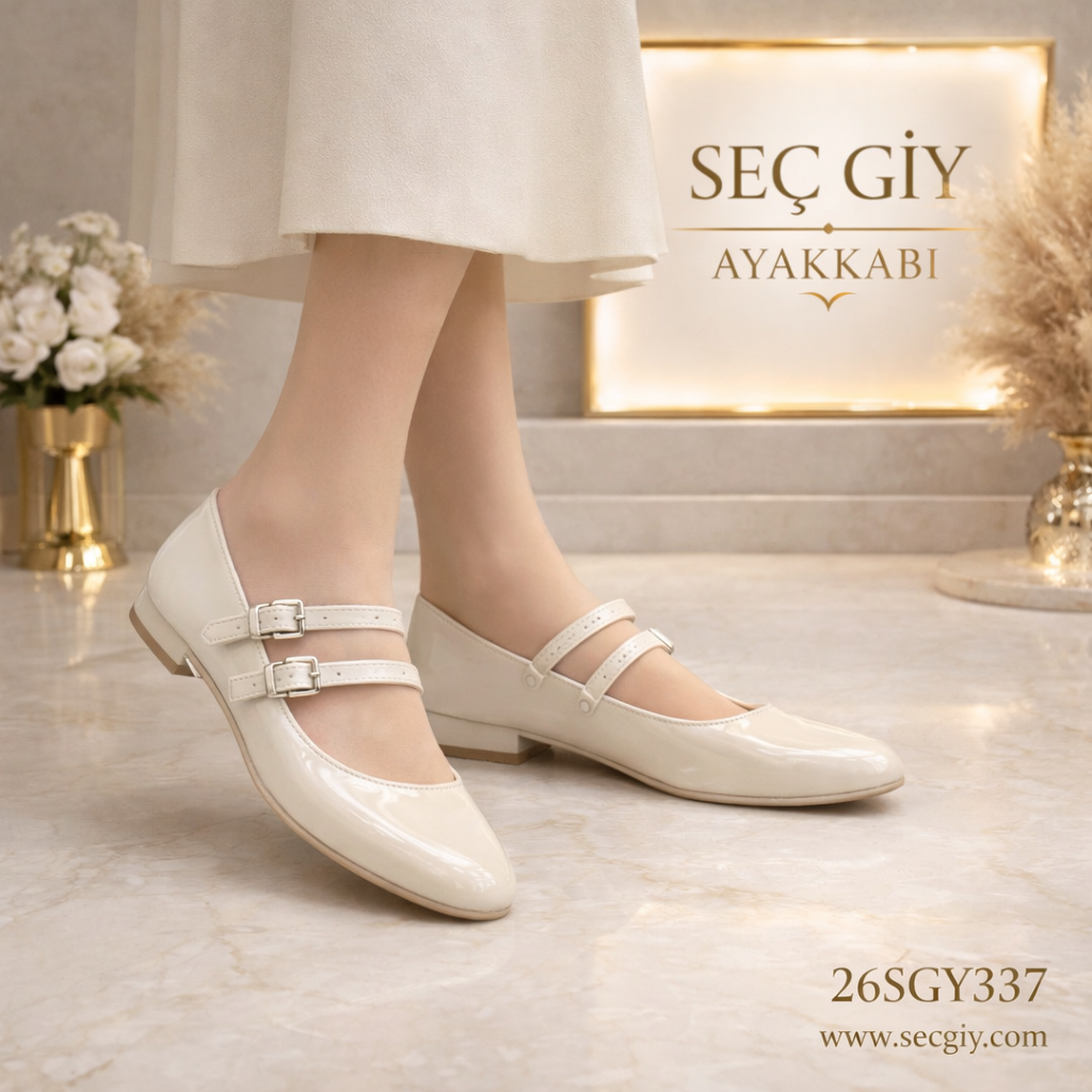 Krem Rugan Çift Bantlı Sivri Burun Kadın Babet