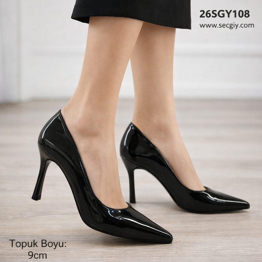 Siyah Rugan Sivri Burun Bayan Topuklu Ayakkabı – 9 cm İnce Topuk