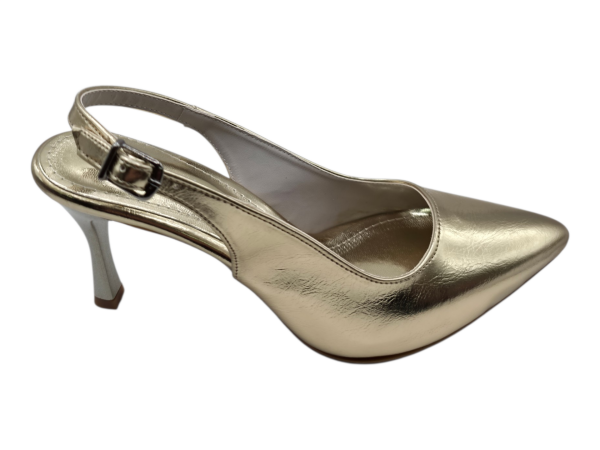 Altın Renk Slingback Topuklu Ayakkabı Kadın 7 cm Sivri Burun Parlak Abiye Model