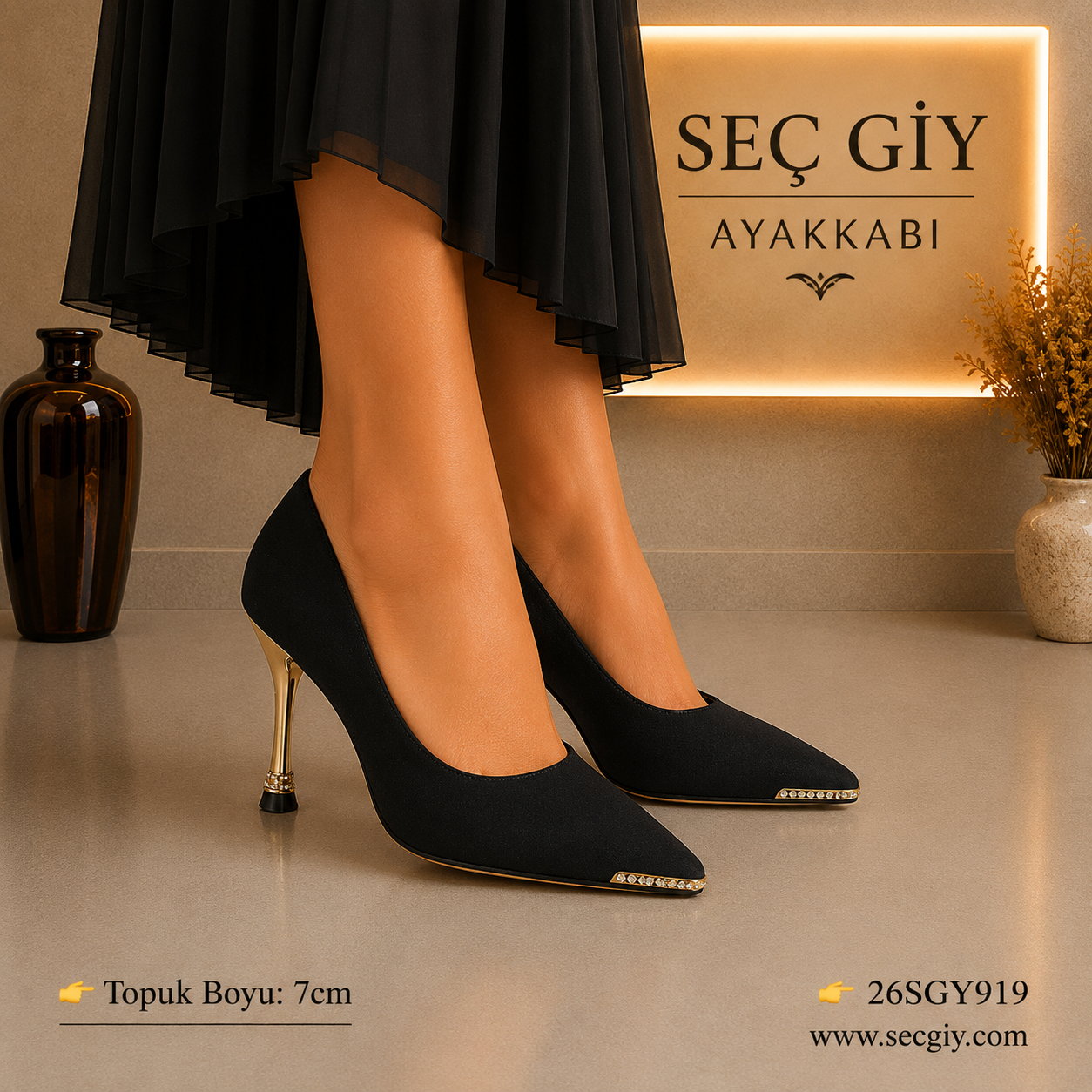 Kadın Siyah Sivri Burun Stiletto – 7 CM İnce Topuklu Şık Ofis & Abiye Ayakkabı