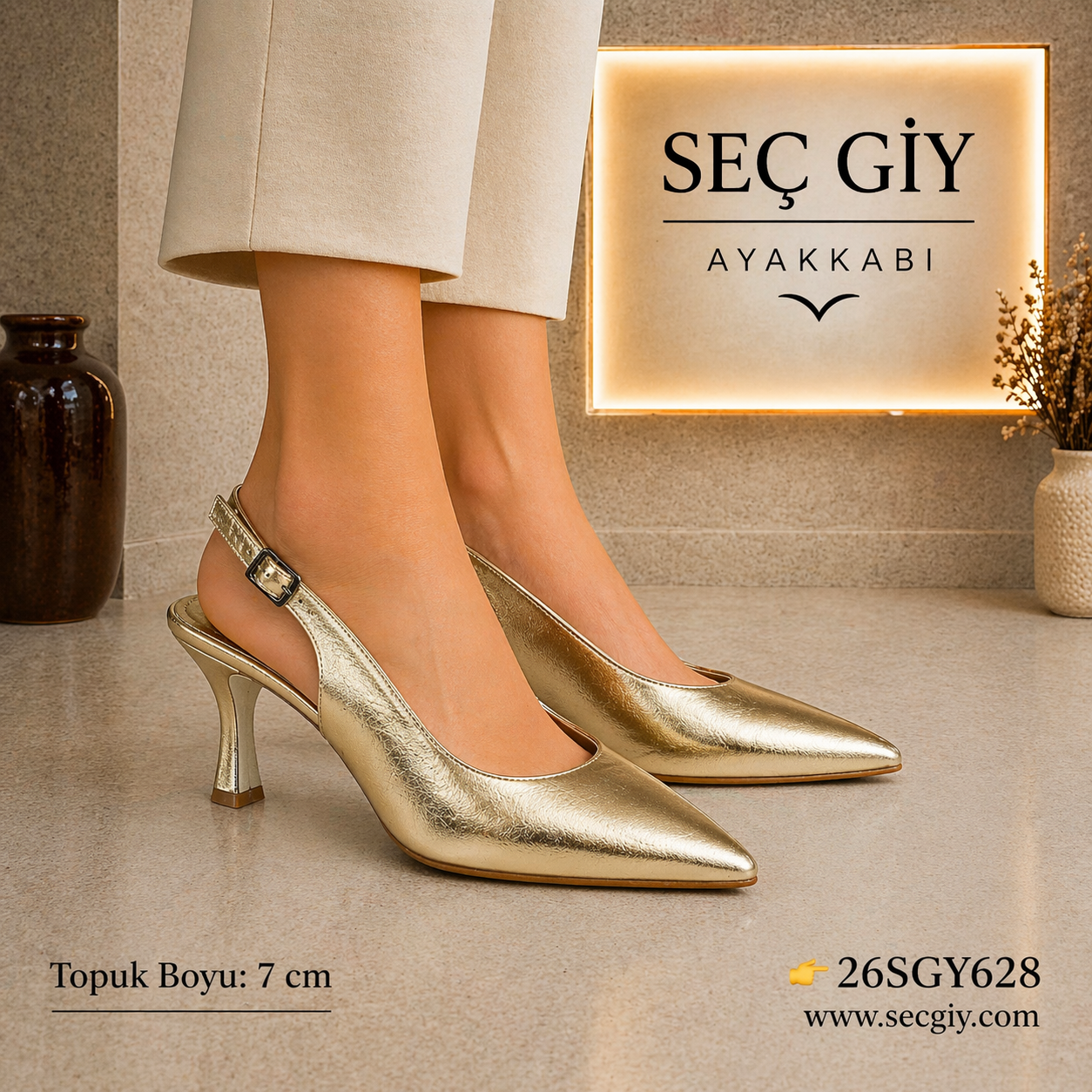 Altın Renk Slingback Topuklu Ayakkabı Kadın 7 cm Sivri Burun Parlak Abiye Model