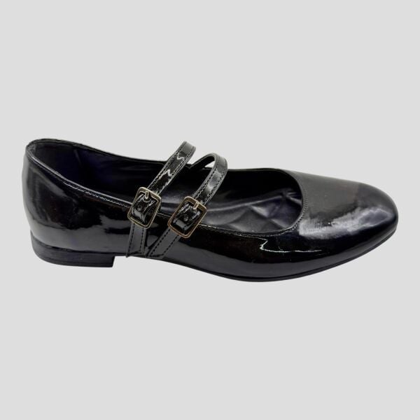 Siyah Rugan Çift Bantlı Sivri Burun Kadın Babet