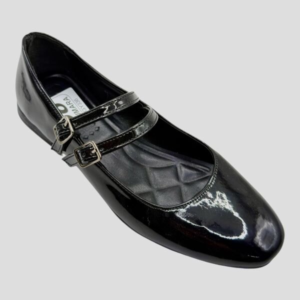 Siyah Rugan Çift Bantlı Sivri Burun Kadın Babet