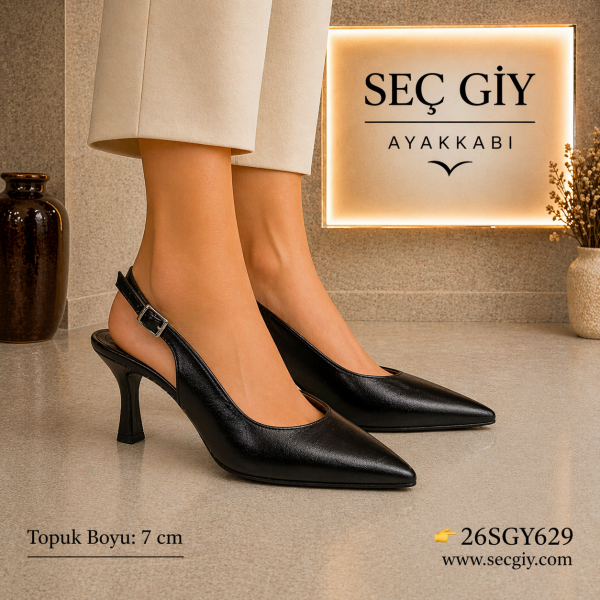 Siyah Slingback Topuklu Ayakkabı Kadın 7 cm Sivri Burun Klasik Şık Model