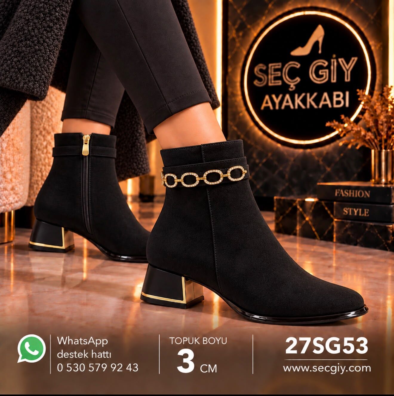 Siyah Taşlı Gold Zincir Detaylı Kadın Bot – 3 cm Topuk