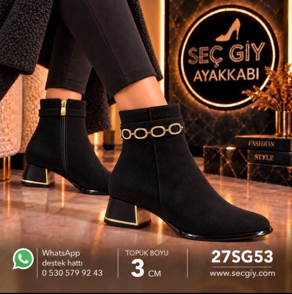 Siyah Taşlı Gold Zincir Detaylı Kadın Bot – 3 cm Topuk