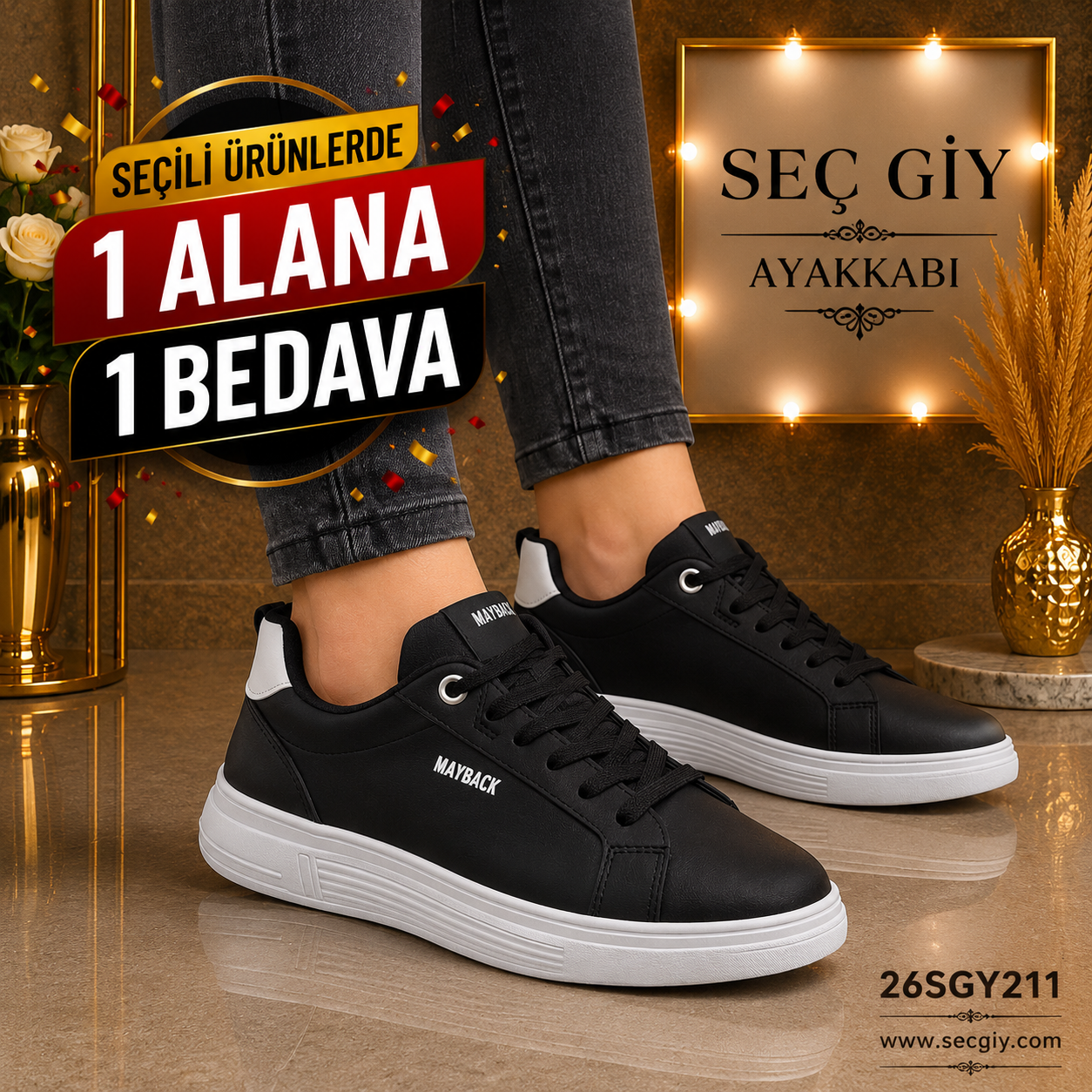 Kadın Ayakkabı Siyah Beyaz Taban Günlük Sneaker