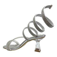 Taşlı Gümüş Spiral Topuklu Sandalet
