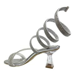 Taşlı Gümüş Spiral Topuklu Sandalet