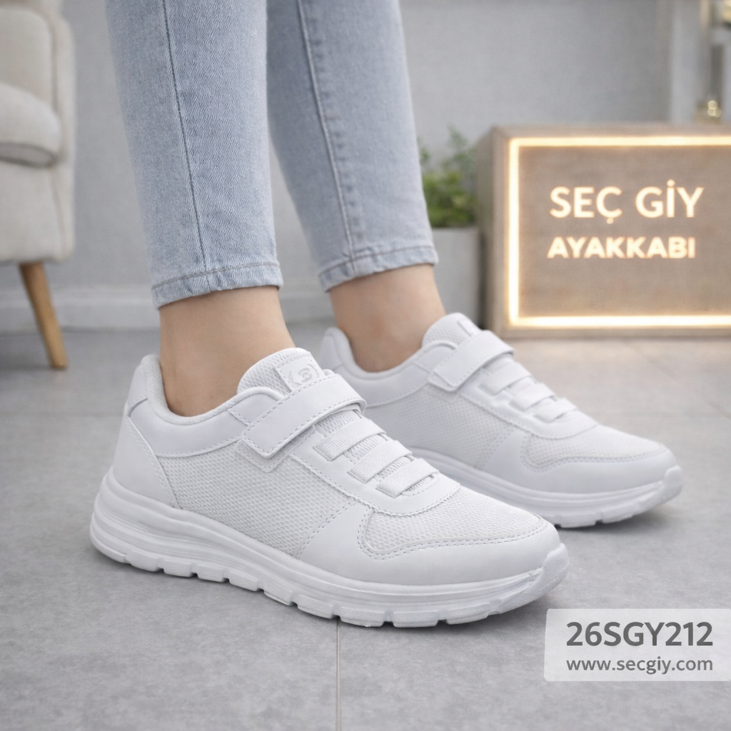 Kadın Beyaz Cırtlı Spor Ayakkabı Günlük Sneaker