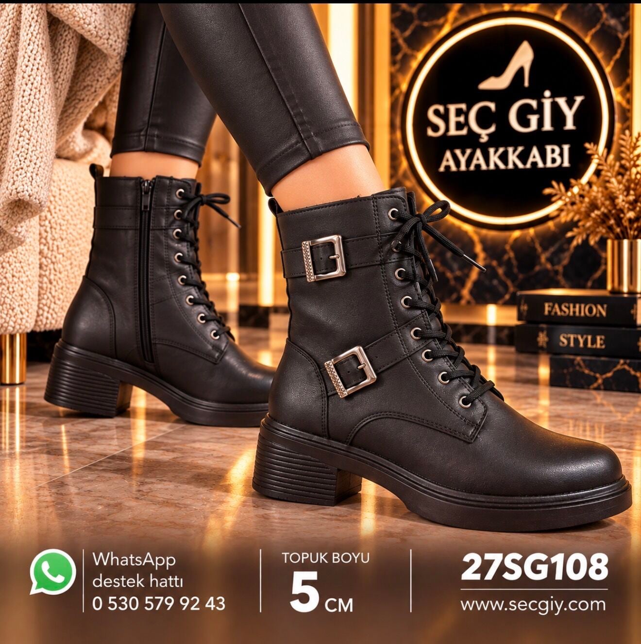 Siyah Bağcıklı Çift Tokalı Kadın Bot – 5 cm Topuk