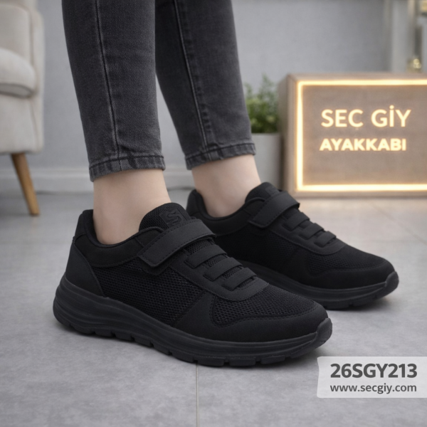 Kadın Siyah Cırtlı Spor Ayakkabı Hafif Günlük Sneaker