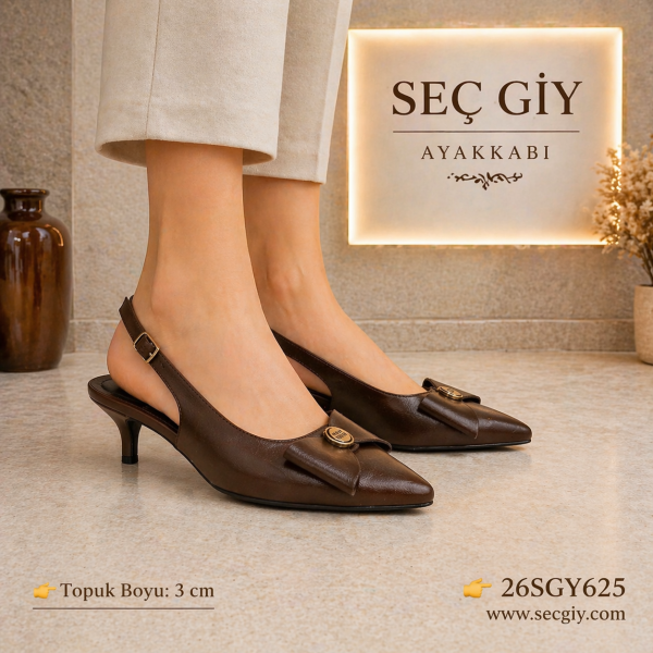 Kahverengi Düşük Topuk Slingback Ayakkabı Kadın 3 cm Sivri Burun Tokalı Klasik Model