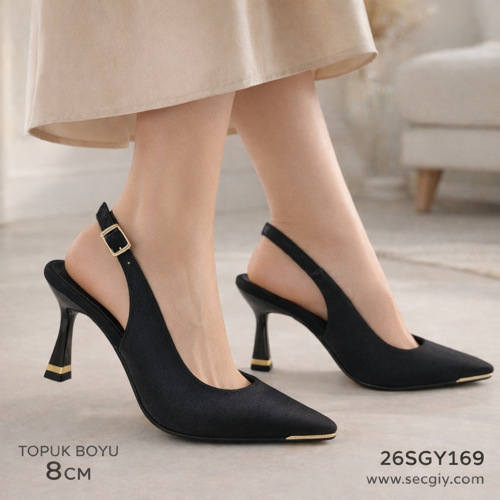 Siyah Arkası Açık Topuklu Kadın Ayakkabı - 8 cm