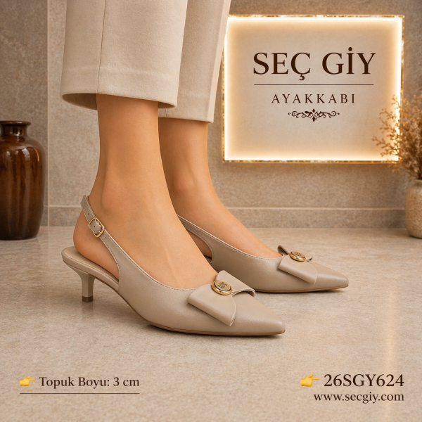 Bej Düşük Topuk Slingback Ayakkabı Kadın 3 cm Sivri Burun Tokalı Rahat Model