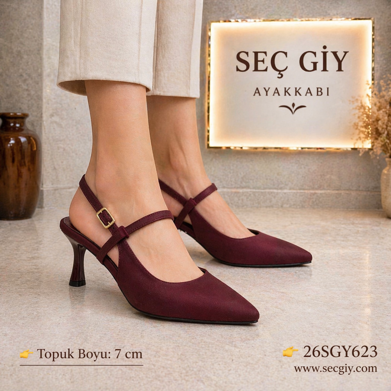 Bordo Sivri Burun Topuklu Ayakkabı Kadın 7 cm İnce Topuk Slingback Şık Model