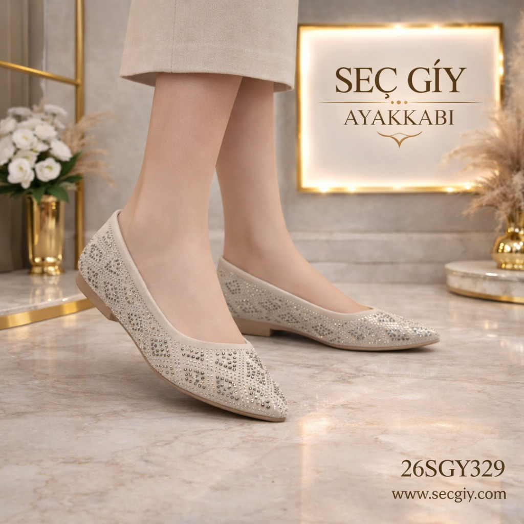Bej Taşlı Sivri Burun Kadın Babet – Işıltılı ve Zarif Şık Ayakkabı