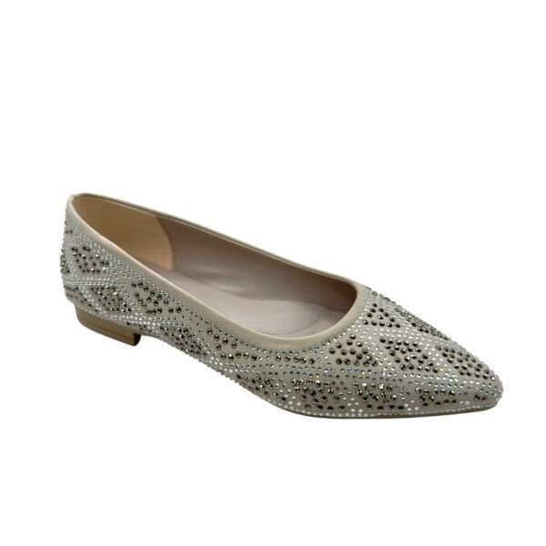 Bej Taşlı Sivri Burun Kadın Babet – Işıltılı ve Zarif Şık Ayakkabı