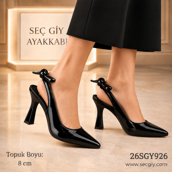 Kadın Siyah Rugan Fiyonk Bağlamalı Stiletto – 8 CM İnce Topuklu Şık Ayakkabı
