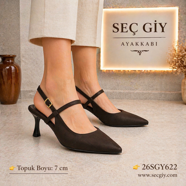 Kahve Çapraz Bantlı Slingback Topuklu Ayakkabı Kadın 7 cm İnce Topuk Şık Model