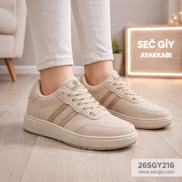 Kadın Bej Şerit Detaylı Spor Ayakkabı Sneaker