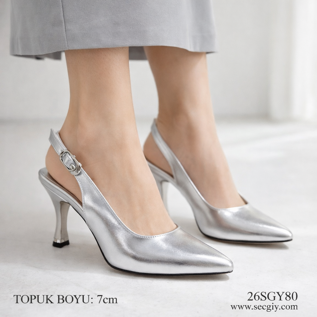 Gümüş Arkası Açık Tokalı Bayan Topuklu Ayakkabı – 7 cm İnce Topuk