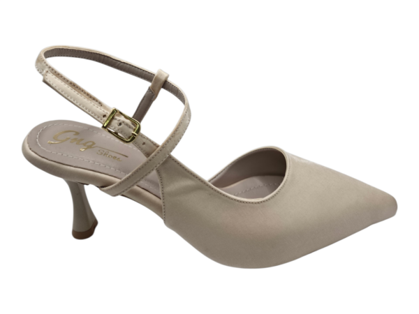 Bej Sivri Burun Slingback Topuklu Ayakkabı Kadın 7 cm İnce Topuk Çapraz Bantlı Şık Model