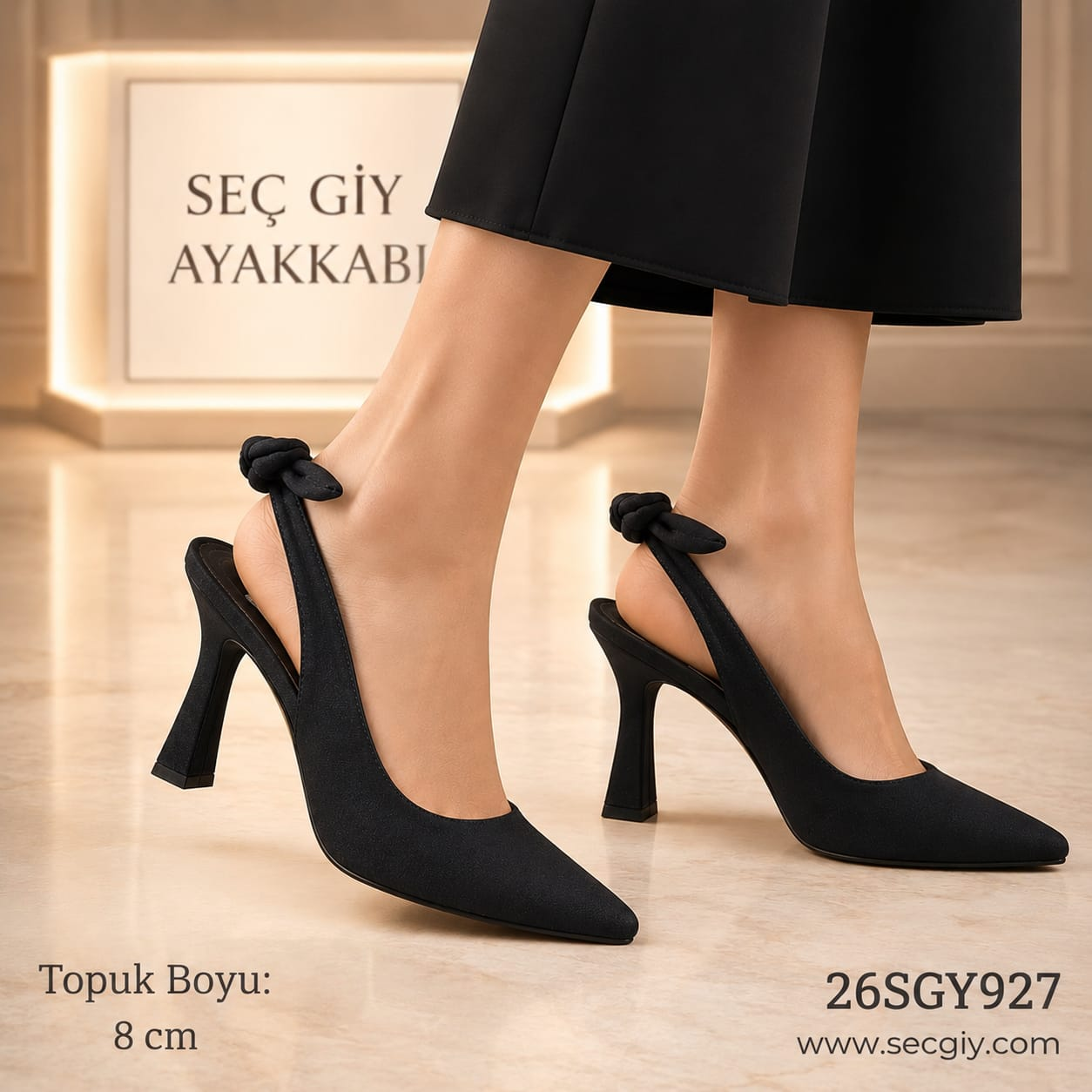 Kadın Siyah Süet Fiyonk Bağlamalı Stiletto – 8 CM İnce Topuklu Şık Ayakkabı