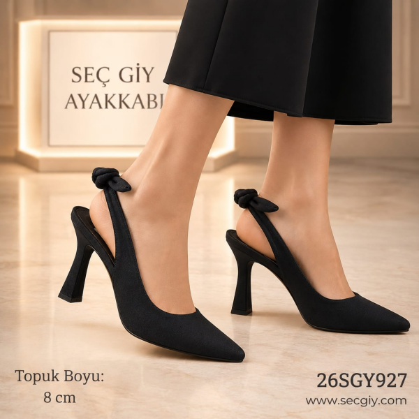 Kadın Siyah Süet Fiyonk Bağlamalı Stiletto – 8 CM İnce Topuklu Şık Ayakkabı