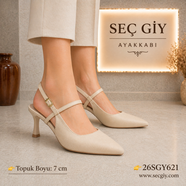 Bej Sivri Burun Slingback Topuklu Ayakkabı Kadın 7 cm İnce Topuk Çapraz Bantlı Şık Model