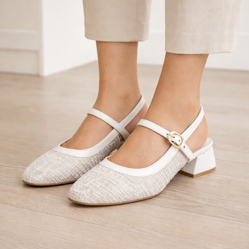 Beyaz Tokalı Dokulu Kumaş Topuklu Ayakkabı