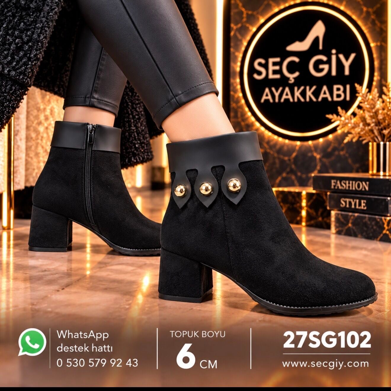 Siyah Gold Aksesuar Detaylı Kadın Topuklu Bot – 6 cm Topuk