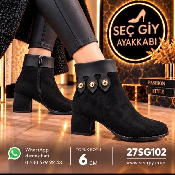 Siyah Gold Aksesuar Detaylı Kadın Topuklu Bot – 6 cm Topuk