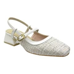 Beyaz Tokalı Dokulu Kumaş Topuklu Ayakkabı