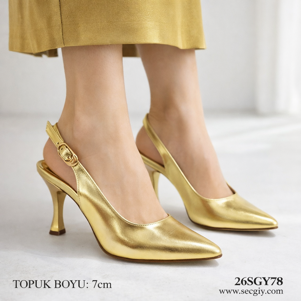 Altın Renk Arkası Açık Tokalı Bayan Topuklu Ayakkabı – 7 cm İnce Topuk