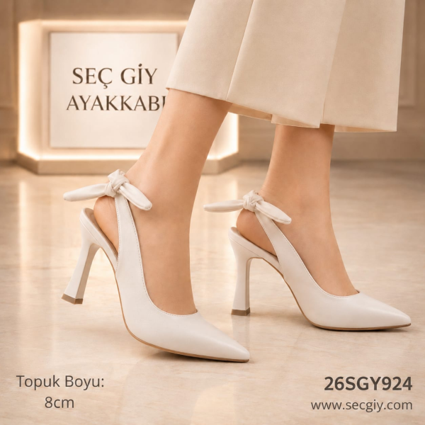 Kadın Beyaz Fiyonk Bağlamalı Stiletto – 8 CM İnce Topuklu Şık Ayakkabı