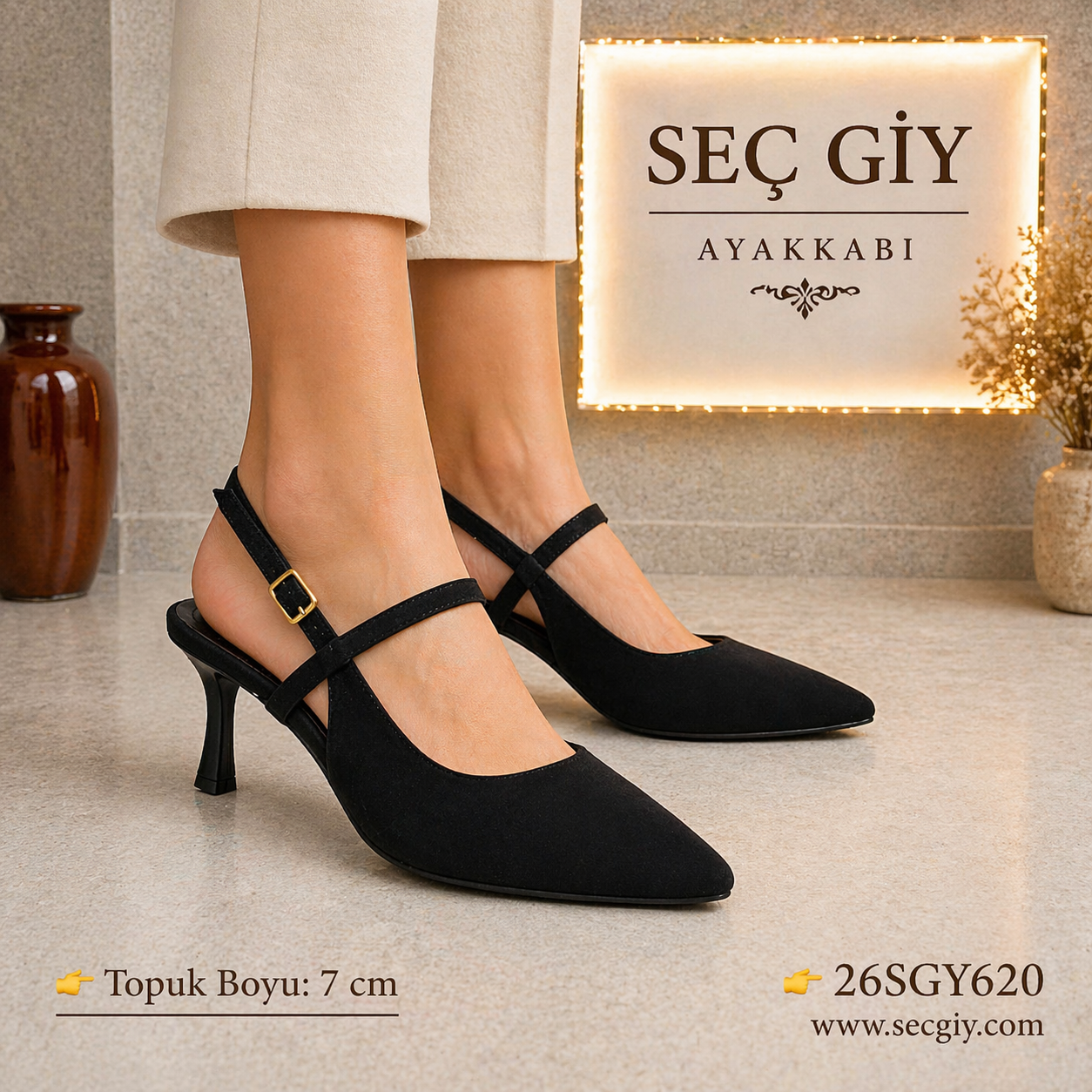 Siyah Çapraz Bantlı Slingback Topuklu Ayakkabı Kadın 7 cm İnce Topuk Klasik Şık Model