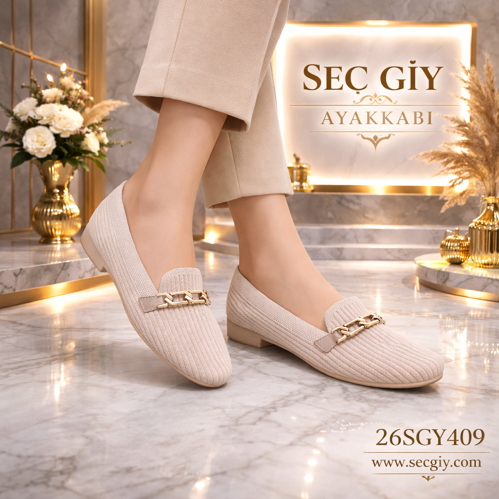 Bej Triko Zincir Tokalı Kadın Babet – Günlük Konforlu Şık Model