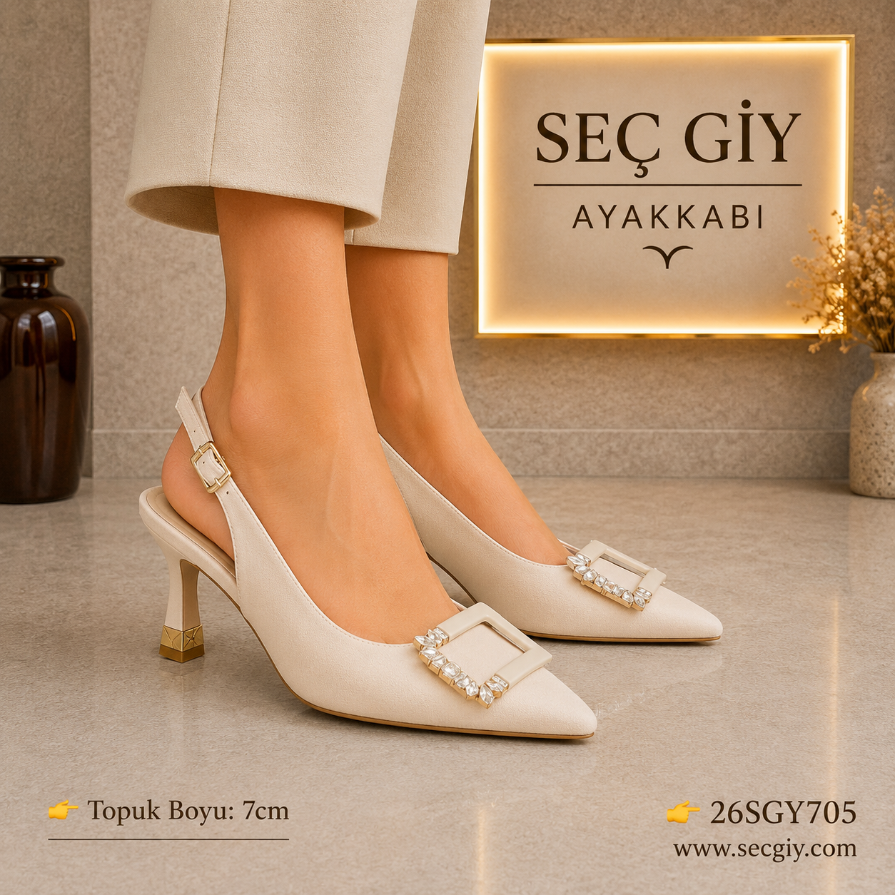 Krem Taş Tokalı Sivri Burun Kadın Topuklu Ayakkabı – Şık Slingback Model