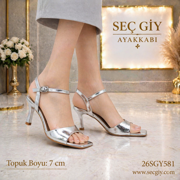 Gümüş Parlak Topuklu Sandalet Kadın 7 cm İnce Topuk Şık Slingback Abiye Model