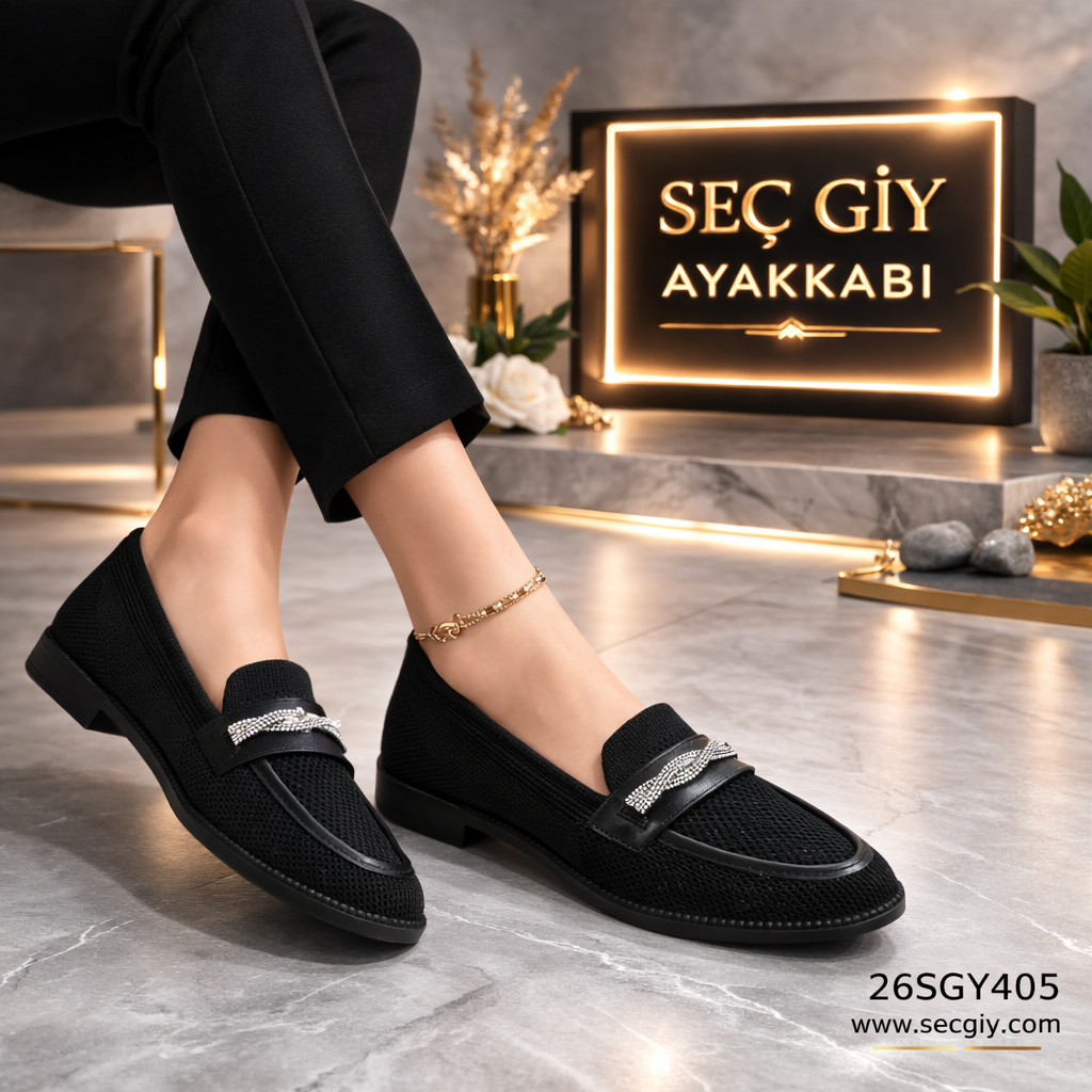 Siyah Taş Detaylı Triko Loafer Kadın Ayakkabı – Günlük Şık Model