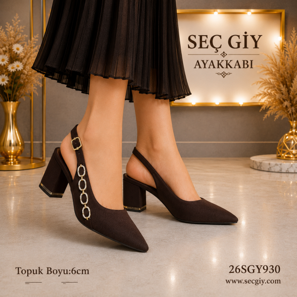 Kadın Acı Kahve KUMAŞ Taş Zincir Detaylı Açık Topuklu Ayakkabı – 6 CM Kalın Topuk