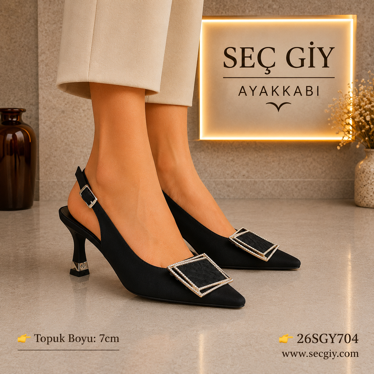 Siyah Taş Tokalı Sivri Burun Kadın Topuklu Ayakkabı – Şık Slingback Model