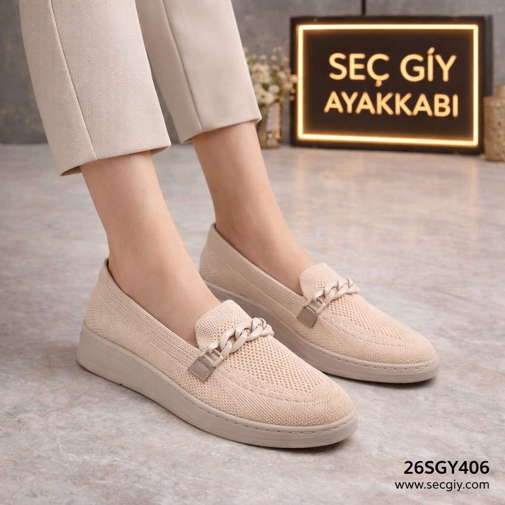 Bej Triko Zincir Detaylı Kadın Loafer – Konforlu Günlük Ayakkabı