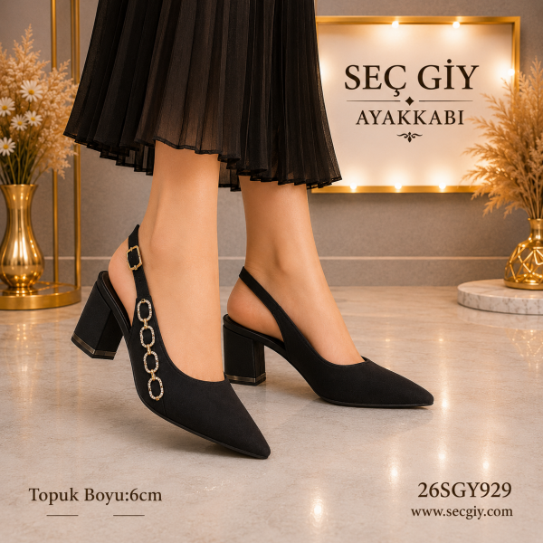 Kadın Siyah kumaş Taş Zincir Detaylı Açık Topuklu Ayakkabı – 6 CM Kalın Topuk