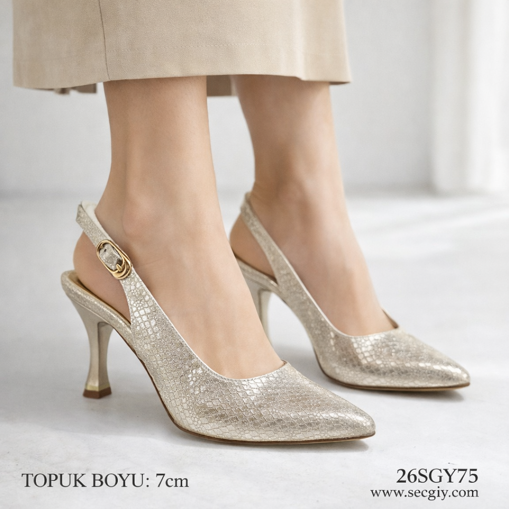 Altın Renk Dokulu Arkası Açık Tokalı Bayan Topuklu Ayakkabı – 7 cm İnce Topuk
