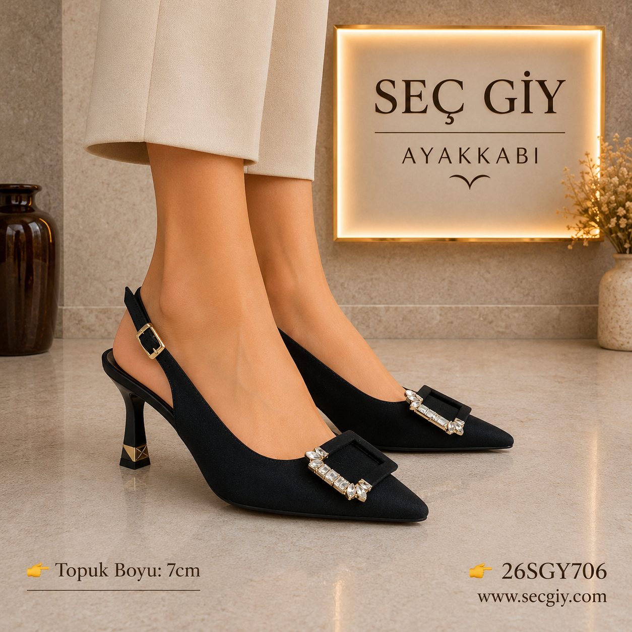 Siyah Taş Tokalı Sivri Burun Kadın Topuklu Ayakkabı – Zarif Slingback Model