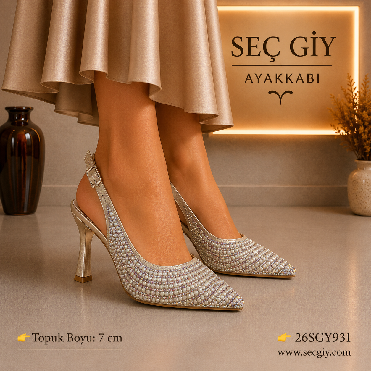 Kadın Taş İşlemeli Bej Açık Topuklu Stiletto – 7 CM İnce Topuk Abiye Ayakkabı